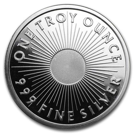 Silver coin with 'One Troy Ounce 999 Fine Silver' text on a white background
