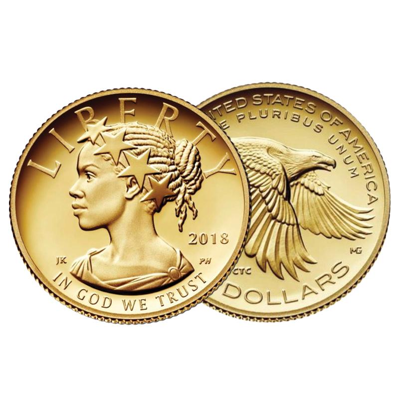 Two gold American Liberty coins on a white background