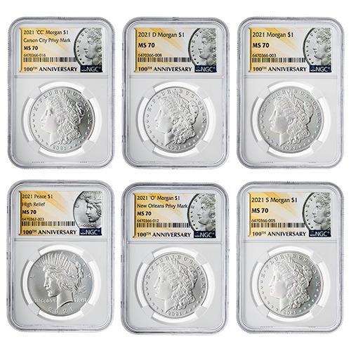 2021 Morgan & Peace Dollar Six-Coin Set NGC MS70