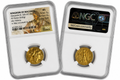 Two gold coins in NGC holders with labels on a white background