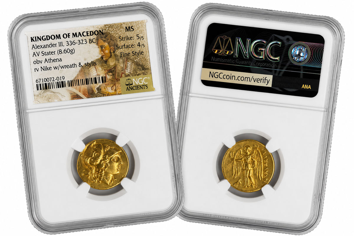 Two gold coins in NGC holders with labels on a white background