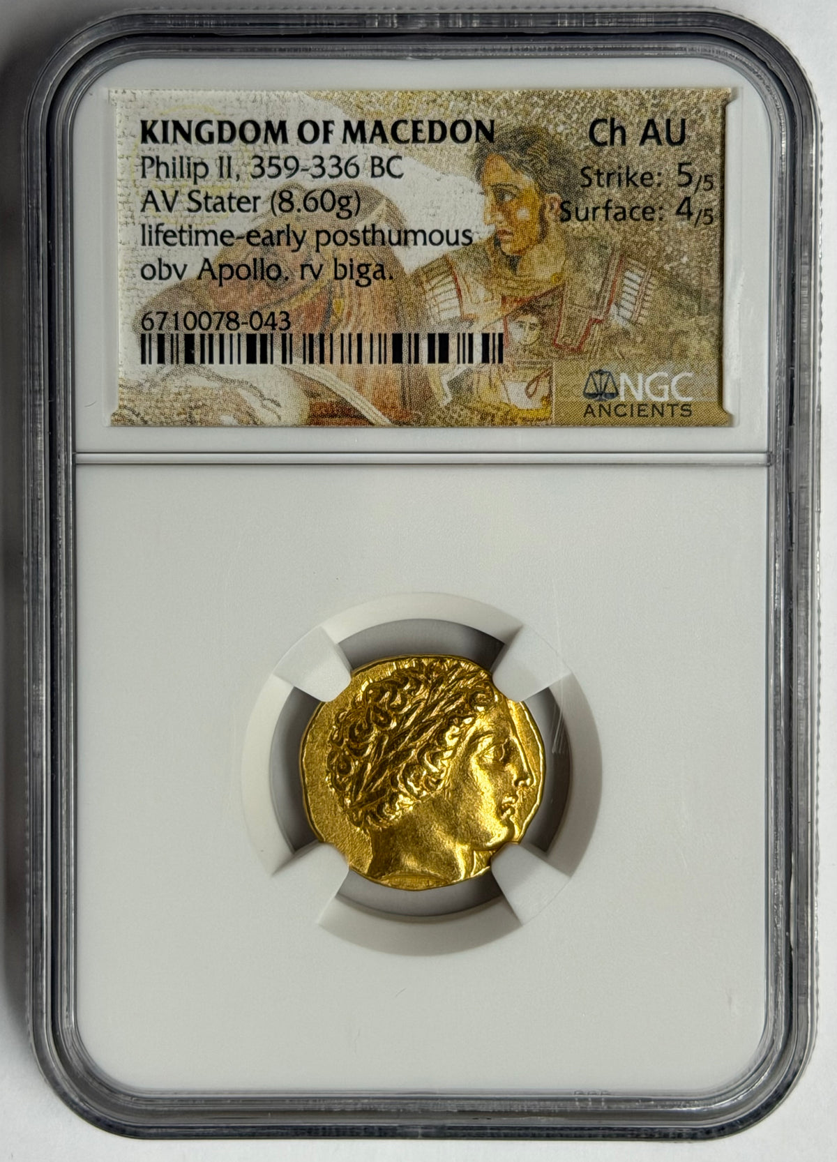 Gold coin from the Kingdom of Macedon in a NGC holder with descriptive label.