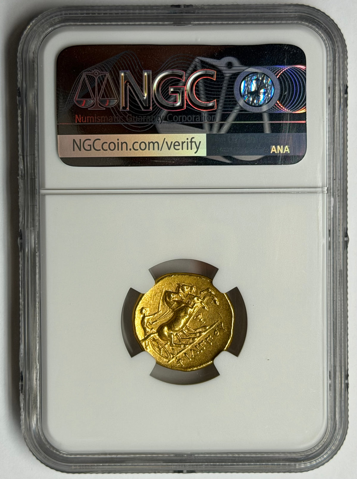 Phillip II Gold coin in a protective case with NGC (Numismatic Guaranty Corporation) certification label.