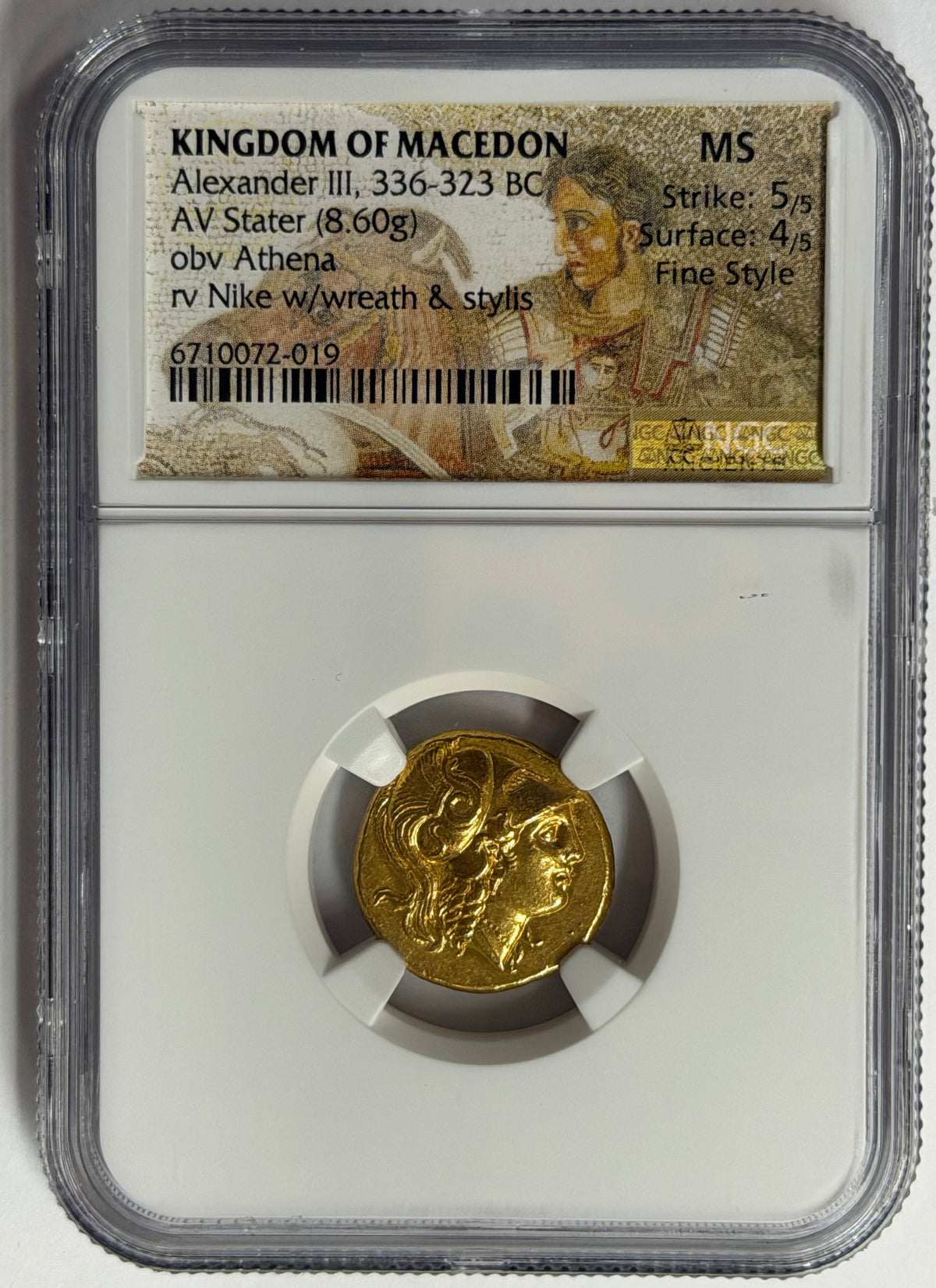 Gold coin from the Kingdom of Macedon in a protective case with certification label.